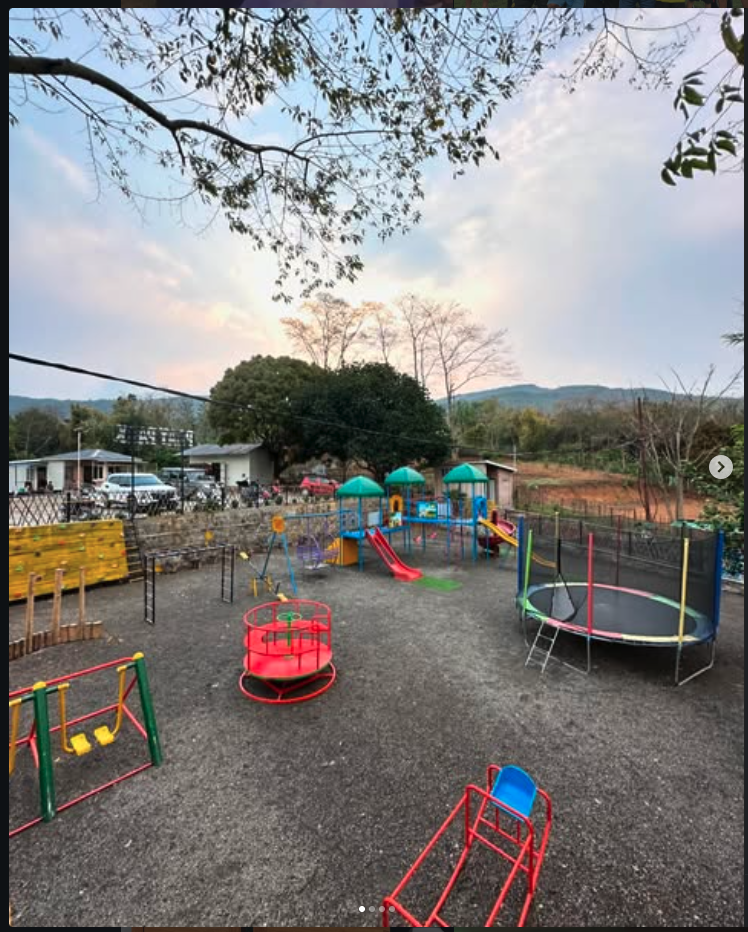 Full playground with slides and trampoline